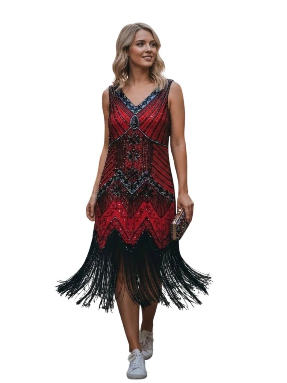 Red Black Sequin Flapper Dress 1920s Gatsby Costume Fringe Art Deco V-Neck Women